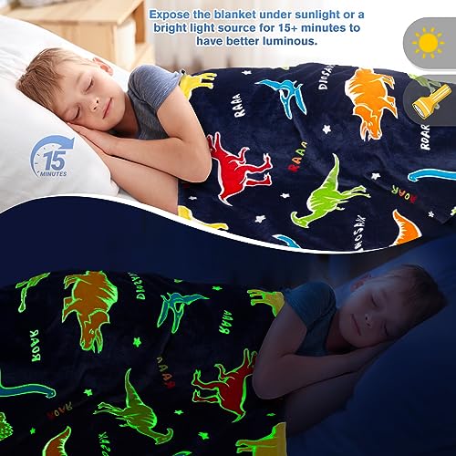 Image of Dinosaur Toys Gifts for Boys Girls - Glow in The Dark Dino Blanket Best Christmas Birthday Valentines Easter Decor Presents for Kids Adults Women Mom Dad Child Teen Son Nephew Soft Plush Throw 60 inchx80 inch