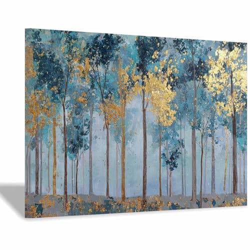 Tableau decoration murale forêt bleue et dorée HOQIU 60x80cm encadrée