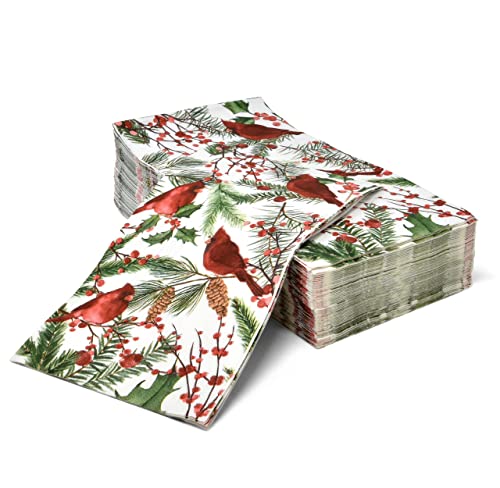 Gift Boutique - 100 Christmas Cardinal Guest Napkins Disposable Paper, Red Cardinal Bird with Greenery Dinner Hand Napkin Towel for Home, Kitchen, Wedding Winter Holiday Xmas Party Decorative Towels by Gift Boutique - Image 2