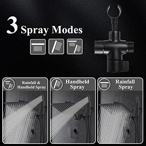 Psylc All Metal Shower Faucet Set (10-Inch Matte Black)/Rain Shower Head With Handheld, Dual Showerhead Combo/Square Rainfall Shower System For Bathroom Including Pressure Balance Rough-In Valve #TOP4