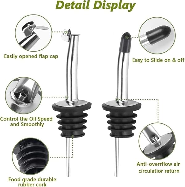 Leaflai 2 Pcs Green Glass Olive Oil Dispenser and Vinegar Dispenser Set with 2 Stainless Steel Pourers, 4 Labels, 1 Brush, 1 Funnel (500ml) for Kitchen, Cooking, Salad Dressing, Barbecue, Mixing by Leaflai - Image 3