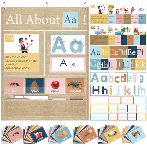 Blosssound 34 x 27 All About Letter Pocket Chart 103 ABC Flash Cards Letter of The Day Week Chart Alphabet Tracing Educational Wall Poster Teachers Homeschool Learning Activities(Brown)