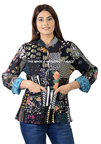 Ravaiyaa - Attitude is everything Women Reversible Floral Print Jacket Women's Quilted Jacket Girls Patchwork Decor Coat Cotton Blazer Jacket Long Sleeve (Black, Large)