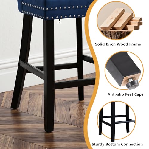 Set de 2 Butacas Velvet SoarNova con Respaldo Alto, Asiento Tapizado y Patas de Madera para Cocina, Color Azul miniatura 5
