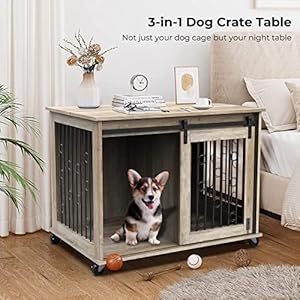 Dog crate furniture with divider for 2 small to medium dogs wooden cage end table heavy duty indoor puppy kennel with removable divider and sliding door grey 39 37w25 2d28 94h   cucciolini doodles