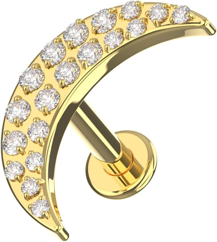 Crescent Moon With Cz Stones Pave Internally Threaded Top 16 Gauge G23 Grade Titanium Lip Labret - Tragus Bar Piercing - Labret Stud Helix - Tragus Piercing Jewelry