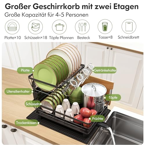 Boosiny Geschirrabtropfgestell Edelstahl, Schwarz – Ansicht 4