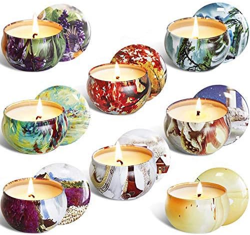 Scented Candles Gift Sets, Natural Soy Wax Aromatherapy Candles Portable Travel Tin Candles Women Gift with Fragrance Essential Oil, 2.5 Oz 15-20 Hour Burn Time Per Candle for Bath Yoga Home 8 Pack