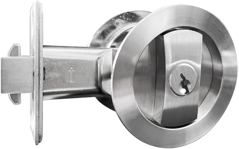 LWZH Brushed Silver Privacy Round Pocket Door Lock with Keys,Invisible Recessed Handle Latch,Pocket Door Hardware Lock for 1 3/8” to 2 31/32” Thickness Door