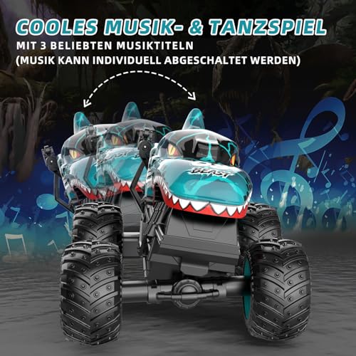 Ferngesteuertes Auto, 2,4GHz 20 km/h RC Monstertruck, 1:20 Ferngesteuerter Monster Truck mit Aufrecht Gehen, 360°Drehung, LED-Licht und Musi, Dinosaurier Spielzeug ab 3 4 5 6 8 10 Jahre Jungen Mädchen