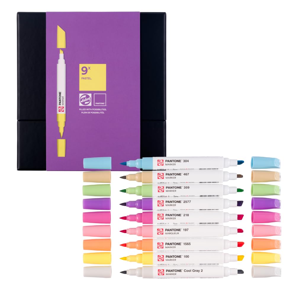 Talens | Pantone Set di 9 Marcatori Blue Green | Penna a Doppia Punta con Pennello e Punta a Scalpello | Inchiostro Pigmentato a Base d'Acqua nei Colori Pantone