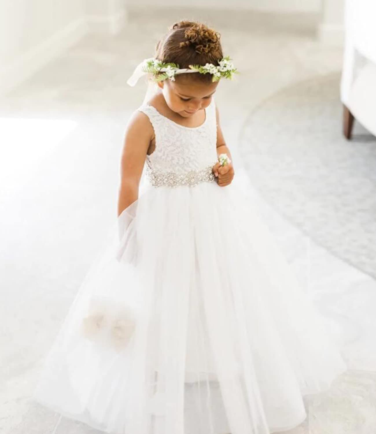 Vestido de fiesta para niñas de encaje con espalda en V, sin mangas, mullido, tul, vestido de fiesta de princesa, vestido de fiesta de flores