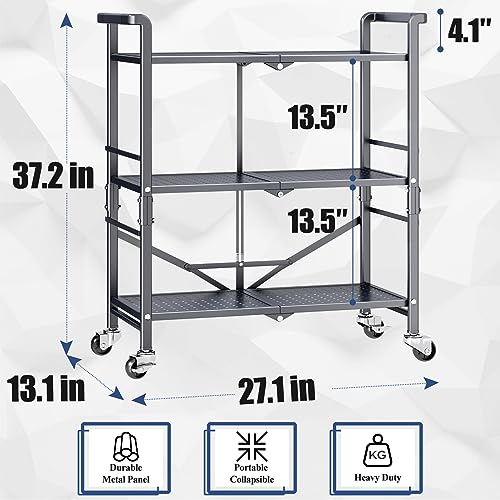 3-Tier Foldable Metal Utility Cart with Wheels for Kitchen, Office, Garage, and Outdoor Use - Gray