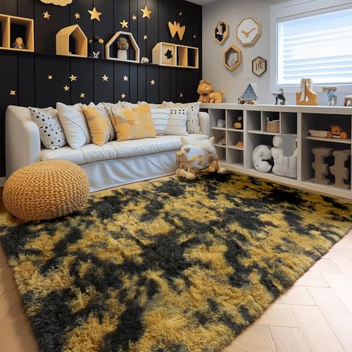 Amdrebio Black Gold Yellow Grey Rugs for Living Room Bedroom Decor, 8x10 Large Fluffy Furry Fuzzy Area Rug for Kids Room Dorm Home Office, Modern Cool Leopard Cheetah Big Carpet for Teen Boys Men