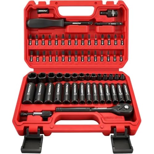 64-Piece 1/4" Drive Impact Socket Wrench Driver-Bits Set, Cr-V Metric&SAE Deep and Shallow Socket Set, S2 Power Bits with Quick-Release Ratchet Handle, Universal Joint, Bit Holder, Power Drill Adapter