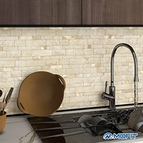 Mofit Backsplash Tile For Kitchen Peel And Stick Stone Matte Finish,Bathroom Tiles Stickers 3D Wall Panel Linear Mosaic Marble Backsplash Waterproof(5Sheets,Beige Gold) #TOP2
