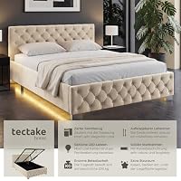 tectake® Polsterbett, 120x200cm, mit LED Beleuchtung, Fernbedienung, Bettkasten, Chesterfield, 200kg Belastbarkeit, Stauraumbett, Gasdruckfeder, Lattenrost, Schlafzimmerbett - Samtoptik Sand – Ansicht 3
