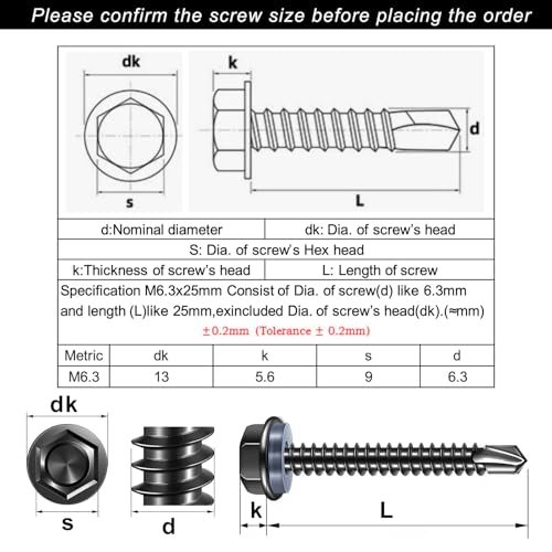 FandWay 30 sztuk wkrętów do blachy trapezowej, samowiercące M6,3 x 50 mm, wkręty samogwintujące, ze stali nierdzewnej 410, czarne, sześciokątne, wkręty do metalu z 1 bitem, 30 sztuk