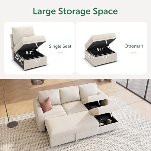 Image of HONBAY Modular Sectional Sleeper Sofa with Pull Out Bed, L Shaped Couch with Storage Seat, Modular Sectional Couches for Living Room - Beige