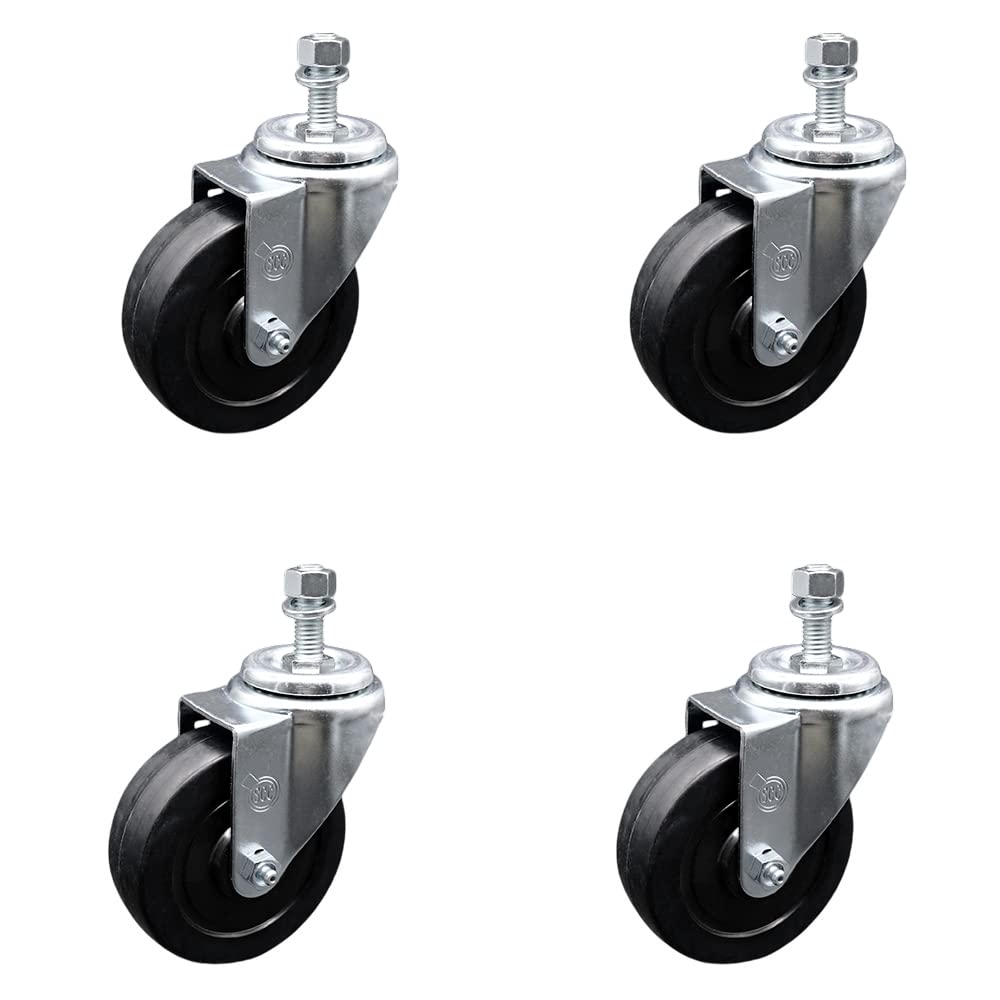Stainless Steel Soft Rubber Swivel Threaded Stem Caster Set of 4 w/4