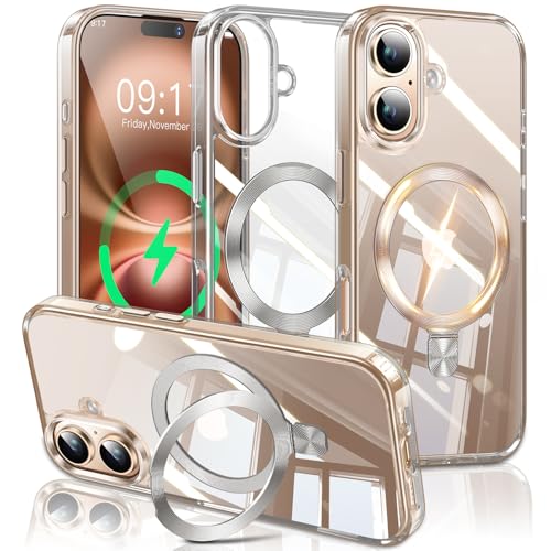 Image of ESTPEAK CD Mag-Stand Case for iPhone 16 Plus Case with Invisible Magnetic Ring, [Compatible with MagSafe] [Never Yellowing] Top Clear Phone Case Cover for iPhone 16 Plus 6.7 inch Men Women, Clear