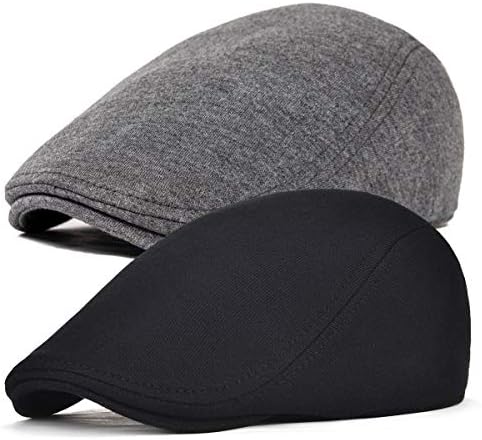 FEINION 2 Pack Men Cotton Newsboy Cap Soft Fit Cabbie Hat (Black/Dark Grey)
