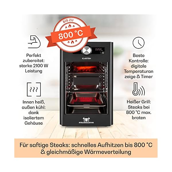 Klarstein Steakreaktor Core - Hochtemperaturgrill, 2100 W, Temperaturbereich: 200-800 °C, Indoor Grillgerät, Strahlungs-Heizelement, schwarz – Bild 3