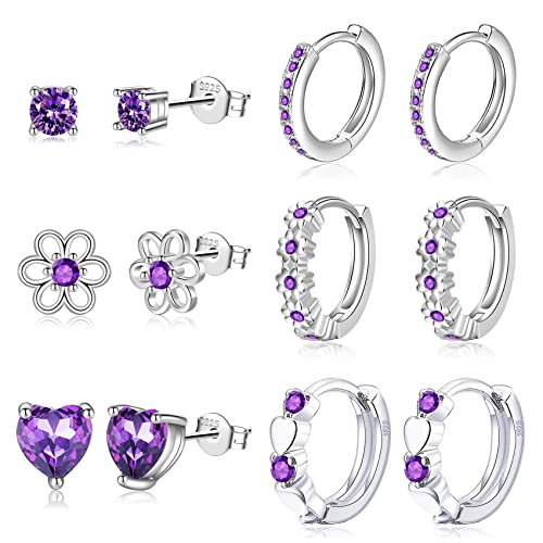 6 Pairs Huggie Hoop Earrings for Girls 925 Sterling Silver Stud Sets Cute Kids Heart Hoops Tiny Cubic Zirconia Flower Stud Small Hypoallergenic Cartilage Sleeper Earrings for Teen Toddler Childs Women