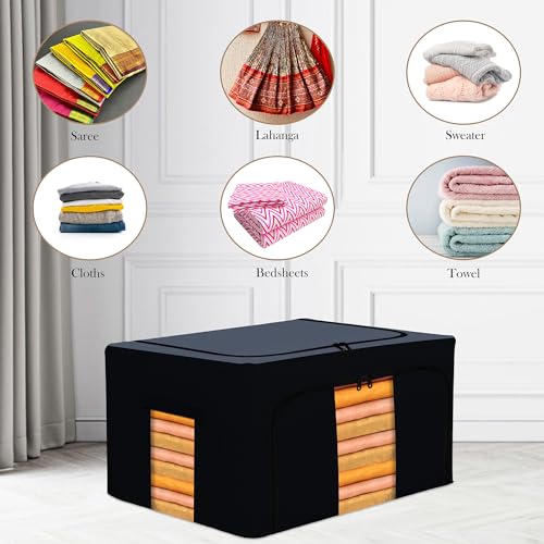 Image of Kuber Industries 66 Liter Clothes Storage Box | Underbed Storage Bag | Foldable Steel Frame Clothes Organizer | Storage Box For Wardrobe-Saree-Shirts And Blankets | Grey & Black