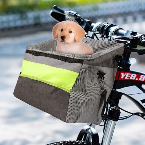 MOPQAWRV 自転車 小型犬 猫 ペットキャリー バッグ 自転車フロントバスケット ペットショルダーバッグ 飛び出し防止 折りたたみ式 取り外し可能 携帯しやすい 通気性 洗濯可 お手入れ簡単 ペット おでかけ 車載用品