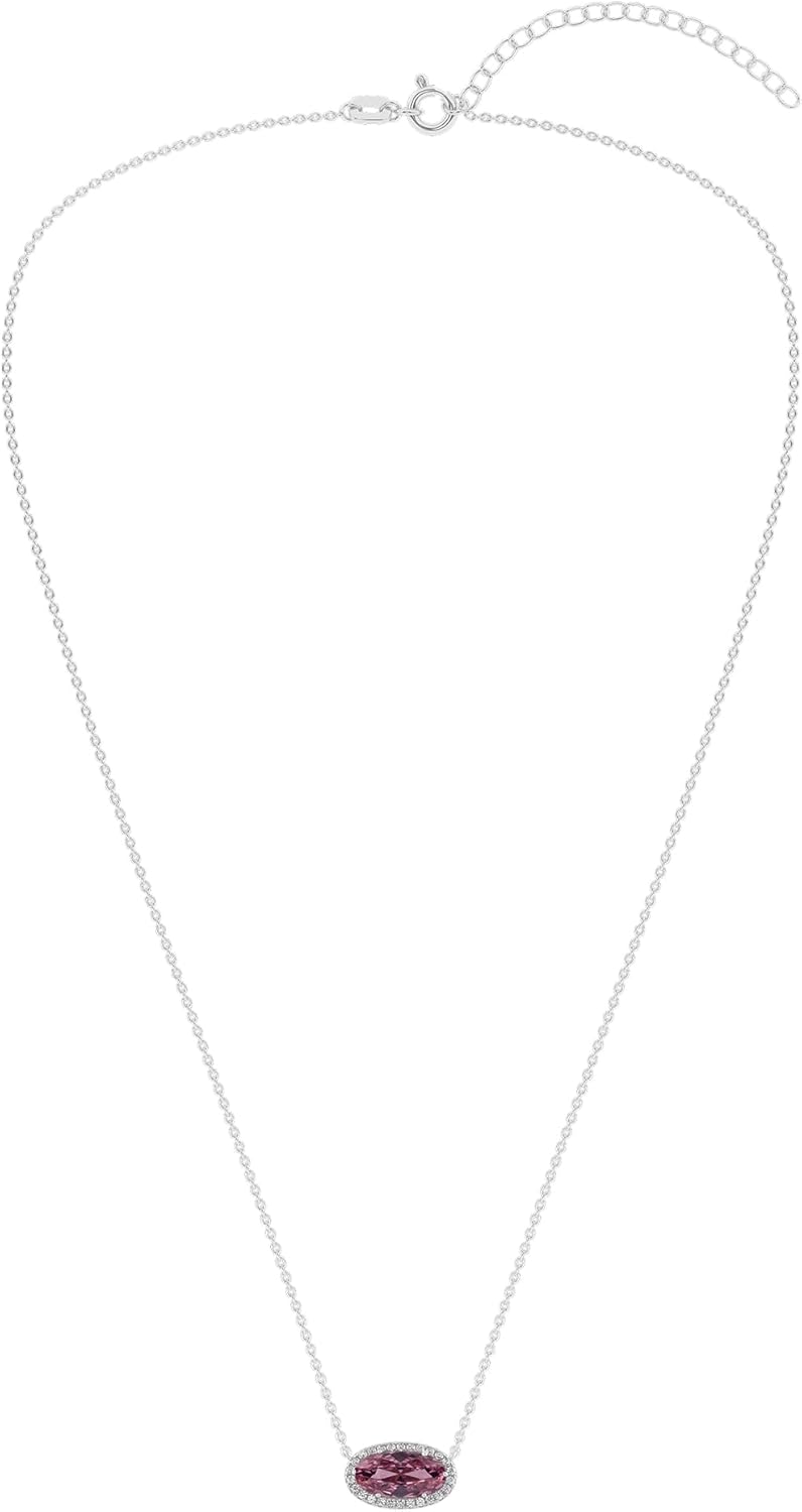 Belacqua Gemstone Necklace in Sterling Silver,Halo Pendant with Accent, Oval Cut 6 * 12mm, 15" Cable Chain with 2" Extender, Spring Ring Clasp, Dainty Birthstone Necklace for Women, Gift Box Included - Image 4