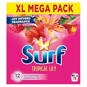 Surf Tropical Lily Washing Powder joy-infused fragrance with natural essential oil lasting up to 12 hours in wear for brilliantly clean laundry every time 75 washes 3.75 kg