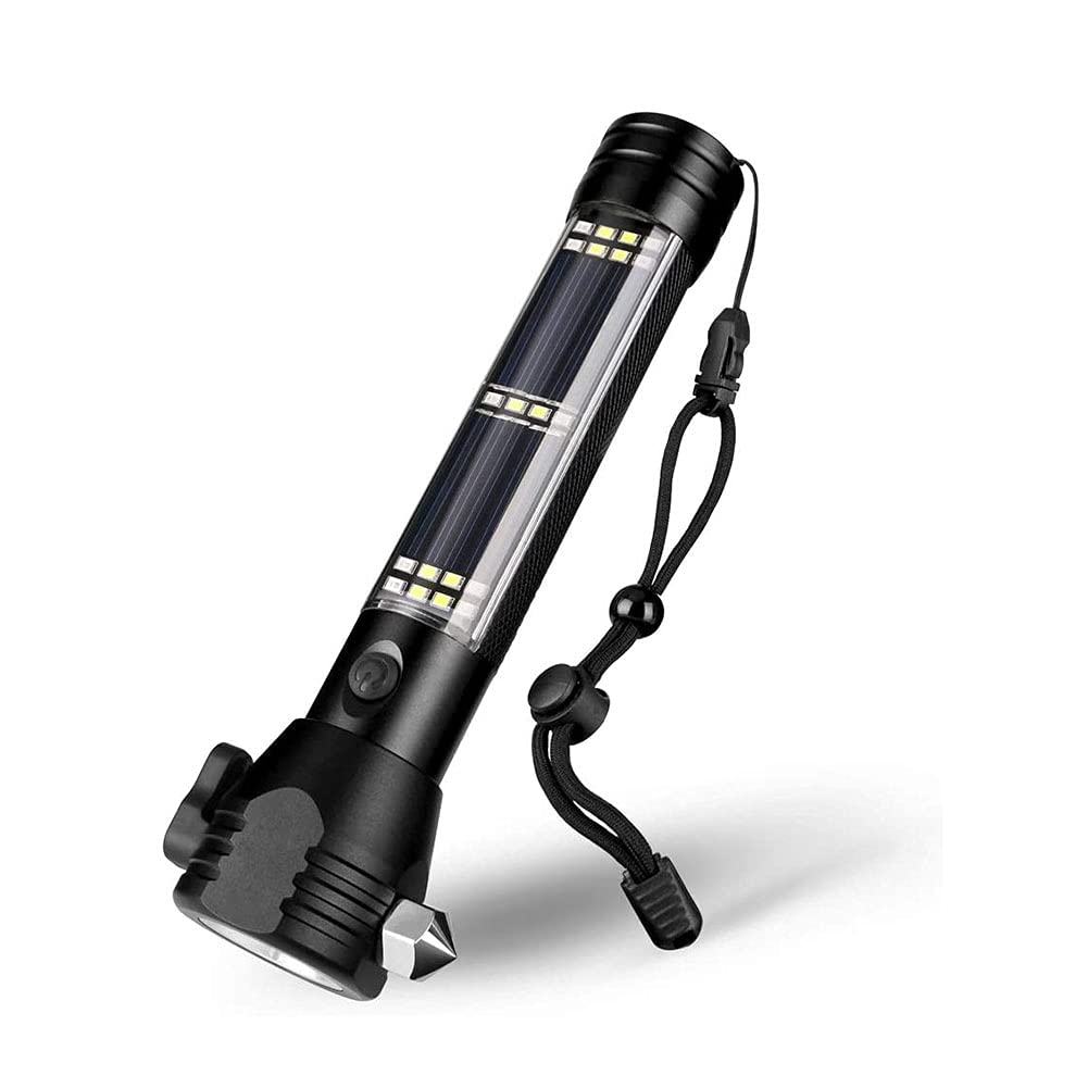 Tastak Solar Powered Tactical Flashligh,Multi Function Outdoor LED Car Flashlight, USB Rechargeable LED Torch With Safety Hammer,Alarm Device,Seat Belt Cutter