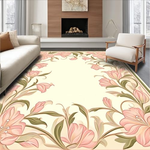 ODIKA Flatwoven High Traffic Area Rug 2x3, Art Nouveau Inspired Floral Runner with Curved Petal and Stem, Non Slip, Stain Resistant, Washable Area Rugs for Living Room, Bedroom (Pink, 2x3)