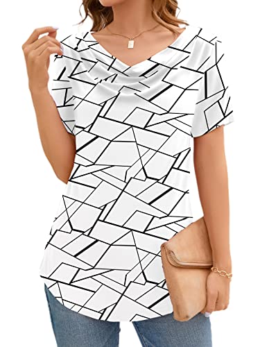 Niloufo Womens Casual Summer Shirts Tops Short Sleeve Cowl Neck Blouses Tunics(E:black And White Geometric, Large) #TOP2