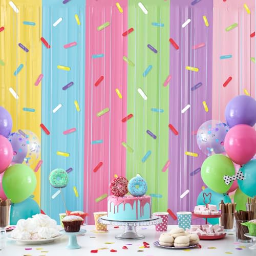 Image of Blosssound 4 Packs Donut Party Decorations 3.3 x 6.6 ft Donut Sprinkle Foil Fringe Curtain Colorful Ice Cream Tinsel Streamers for Easter Birthday Baby Shower Sweet Shop Decoration(4 Packs, Doughnut)