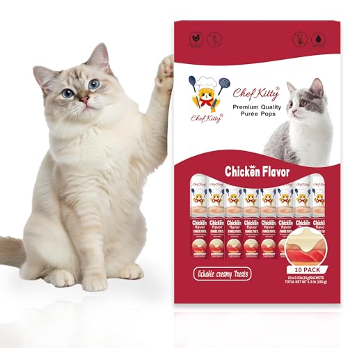 Purée Pops + Blue Feeding Spoon, Grain-Free, Lickable, Squeezable Creamy Cat Treat/Topper, 10 Tubes, Chicken Flavor - Image 3