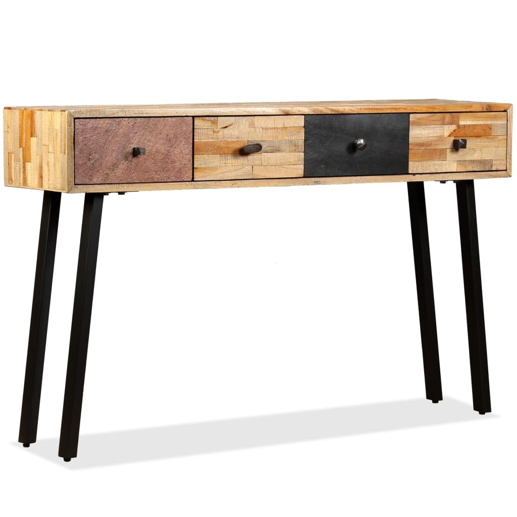 Stolik konsolowy z litego drewna tekowego z recyklingu, 120 x 30 x 76 cm, z 4 szufladami, styl vintage, do korytarza, salonu, biura, ze stalową ramą i miejscem do przechowywania