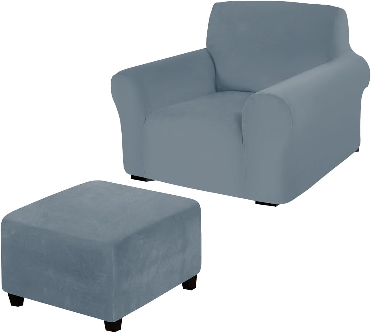 Velvet armchair cover with ottoman cover set, Stretch single sofa slipcover with square footstool cover for Armchair Bundle Ottoman (Grey Blue,armchair cover+ottoman cover)