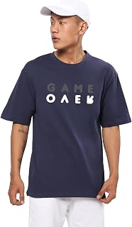 Bewakoof Men's Blue Game Over Minimal Typography Oversized T-Shirt Price In India