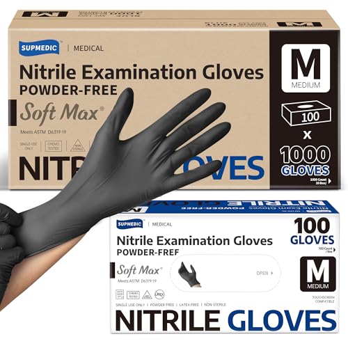 Supmedic Disposable Nitrile Gloves Chemical Resistant Powder-Free Latex-Free Food Safe Medical Exam Gloves Black Medium 1000 Pcs