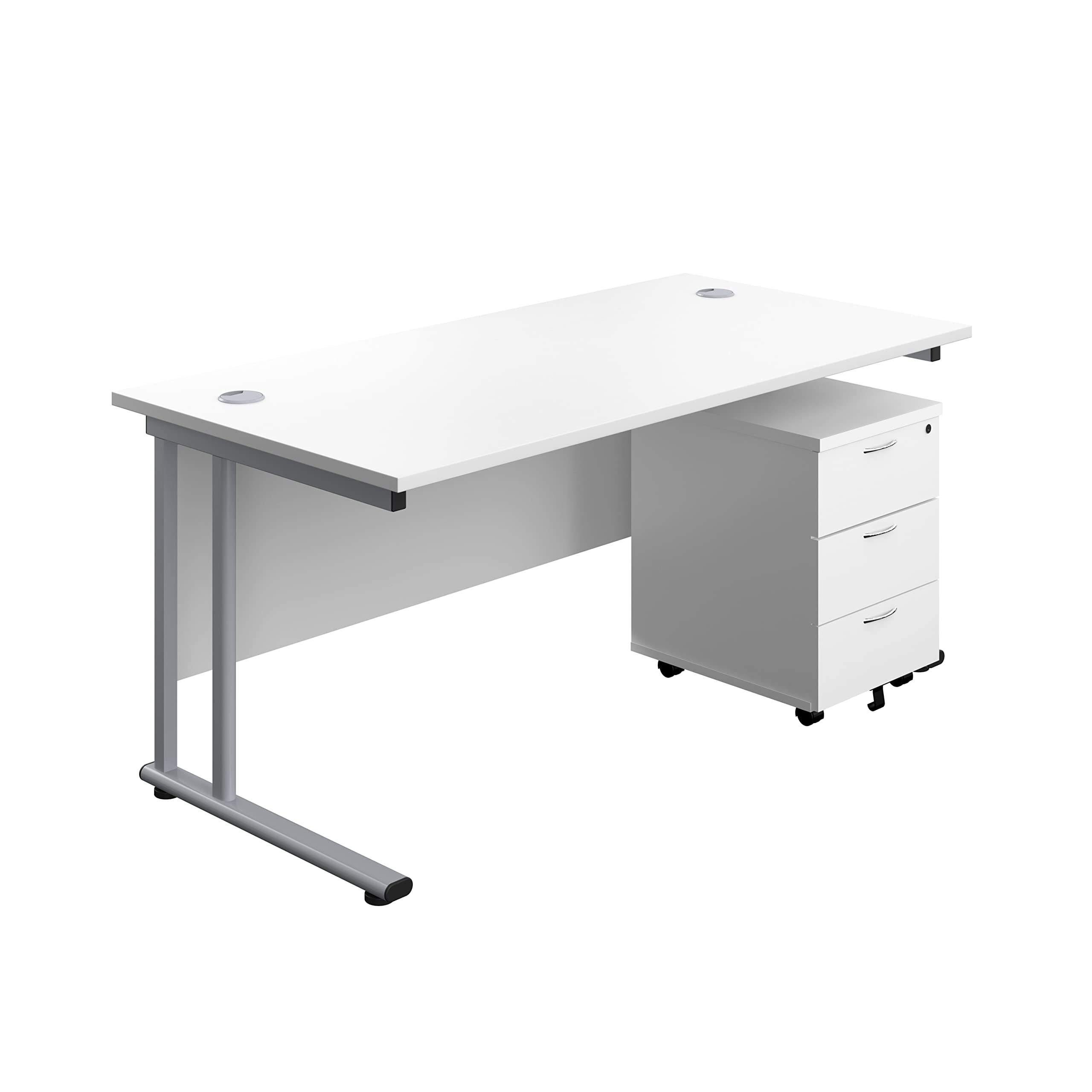 Office Hippo Professional Cantilever Office Desk With 3 Drawer Mobile Pedestal, Wood, White, Silver Frame, 160 x 80 x 73 cm