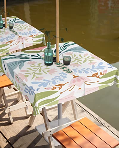 Green Blue Pink Floral Outdoor Indoor Table Cloth Square Table 54x54, Rustic Ethnic Boho Flowers Botanical Washable Waterproof Tablecloth with Umbrella Hole Zipper for Parties Pool Patio Coffee