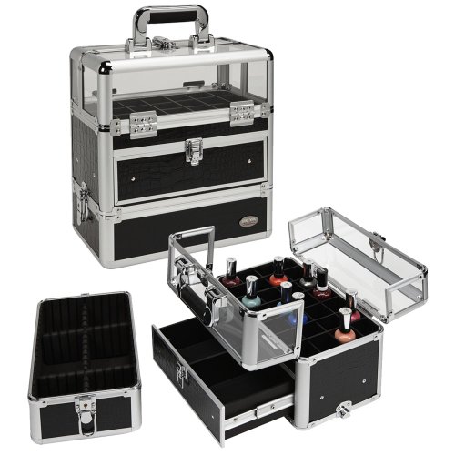 Seya Professional 45 Nail Polish Clear Panel Makeup Artist Organizer Cosmetic Case w/Slide Out Drawer - Black Gator