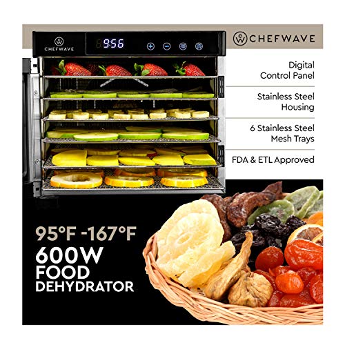 ChefWave 6 Tray Food Dehydrator Machine - Stainless Steel, Digital Temperature Control & Timer, 3 Teflon Sheets, 2 Mesh Sheets and Drip Tray - for Dried Fruit, Jerky, Herbs - Recipe Book Included