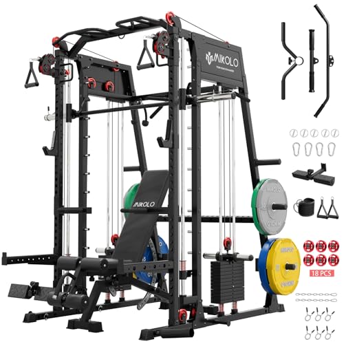 Image of Mikolo Smith Machine, All-in-one Power Cage Home Gym with Weight Stack, Aluminum Pulley Set, Dual LAT Pull-Down System & Cable Crossover, Black (with 230lb Color Plates Set+Bench)
