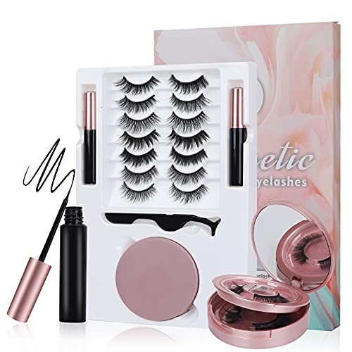 Magnetic Eyelashes with Eyeliner, 3D Natural Magnetic Eyelashes Kit with 9 Pairs Reusable False Eyelashes, 2 Waterproof Magnetic Eyeliners, No Glue Eyelashes Kit with Tweezers & Mirror Case