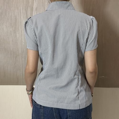 Women Y2K Button Down Plaid Shirt Preppy Slim Fit Short Sleeve Gingham Blouse Top Vintage Coquette Collar Crop Top4