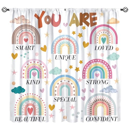 Rainbow Curtains, Boho Quotes Inspirational Positive Colorful Pastel Window Treatments, Rod Pocket Thermal Insulated Drapes 2 Panel Sets for Kids Bedroom Nursery Classroom, 42