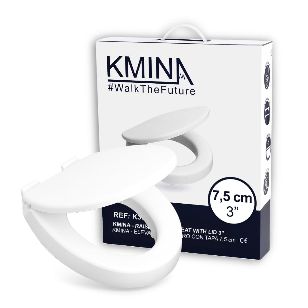 KMINA Raised Toilet Seat with Soft-Close Lid, Height 3 Inch (7.5 cm), Fits Standard Oval Toilets, Duroplast, White, Rear-Fix Installation